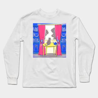 Cat Relaxing and Chilling at Home with Bookcase and Decor Long Sleeve T-Shirt